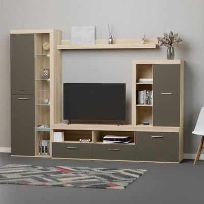 Mueble de Salón Moderno con Leds, Acabado en Cambria, 260x191 cm