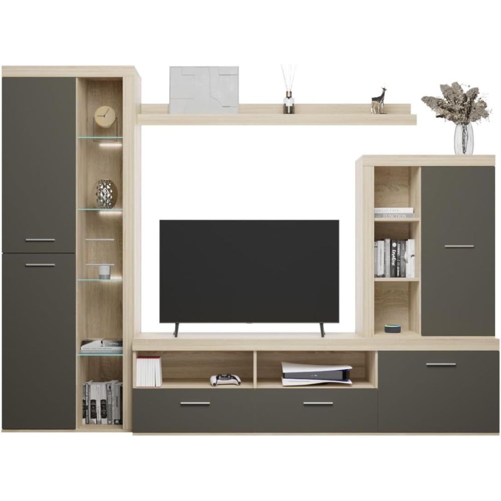 Mueble de Salón Moderno con Leds, Acabado en Cambria, 260x191 cm