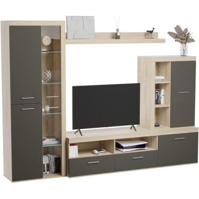 Mueble de Salón Moderno con Leds, Acabado en Cambria, 260x191 cm