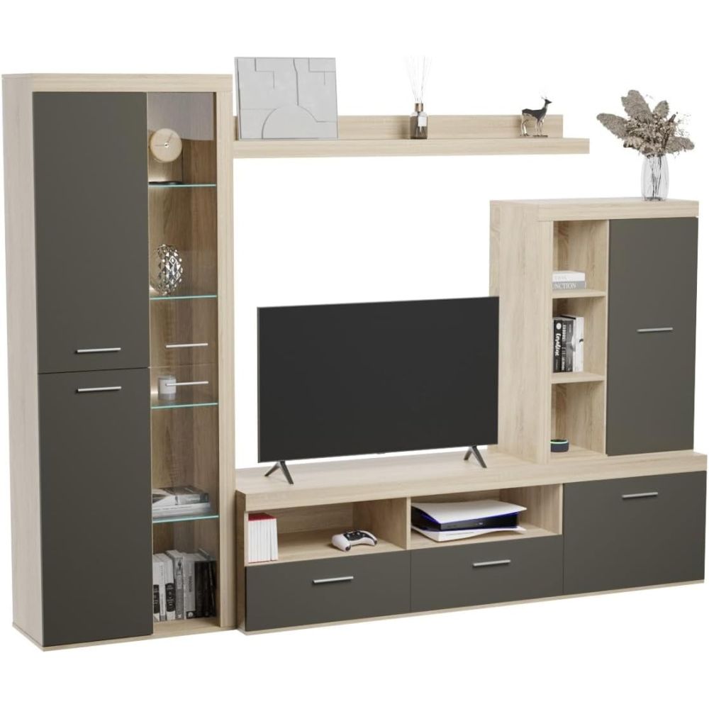 Mueble de Salón Moderno con Leds, Acabado en Cambria, 260x191 cm
