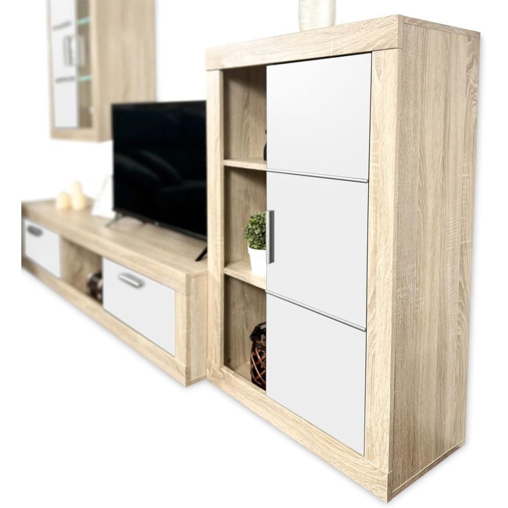 Mueble de salón y TV Moderno con Leds Color Cambria, cambria y blanco módulo de comedor